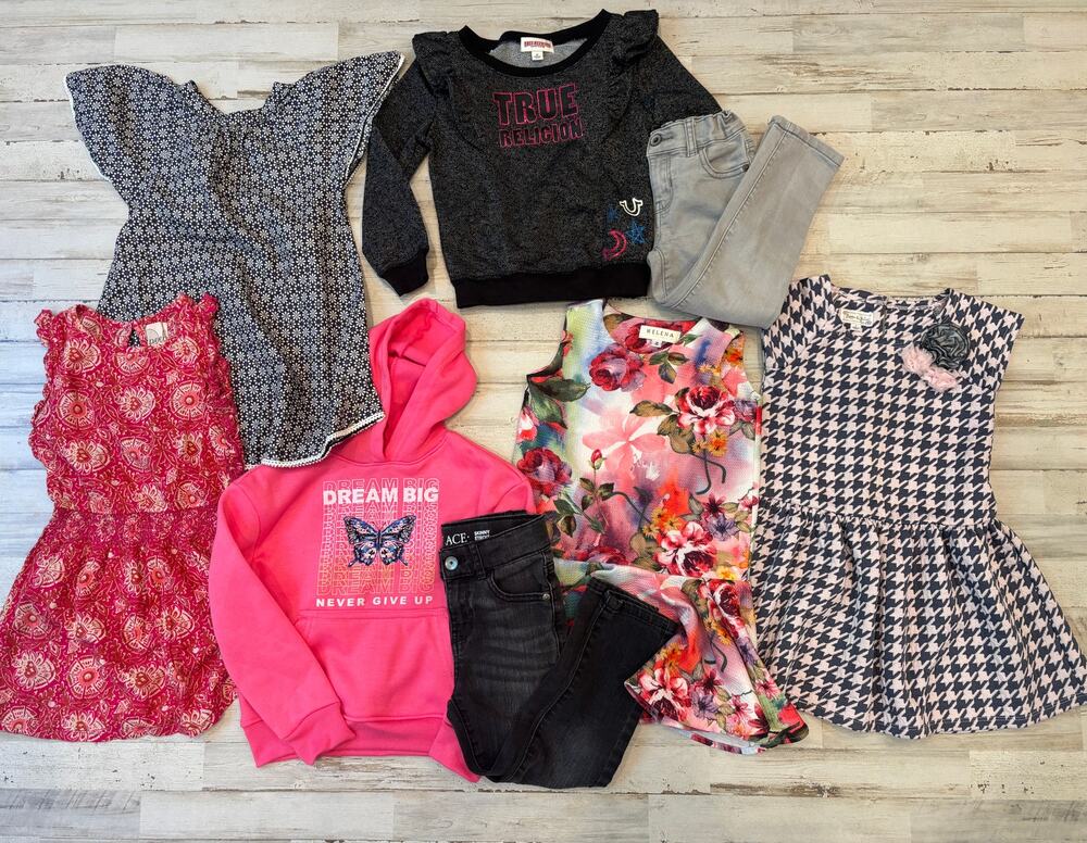 Girls 8 Pcs. Clothing Lot Dresses Jeans and Tops sz 4/5 EUC